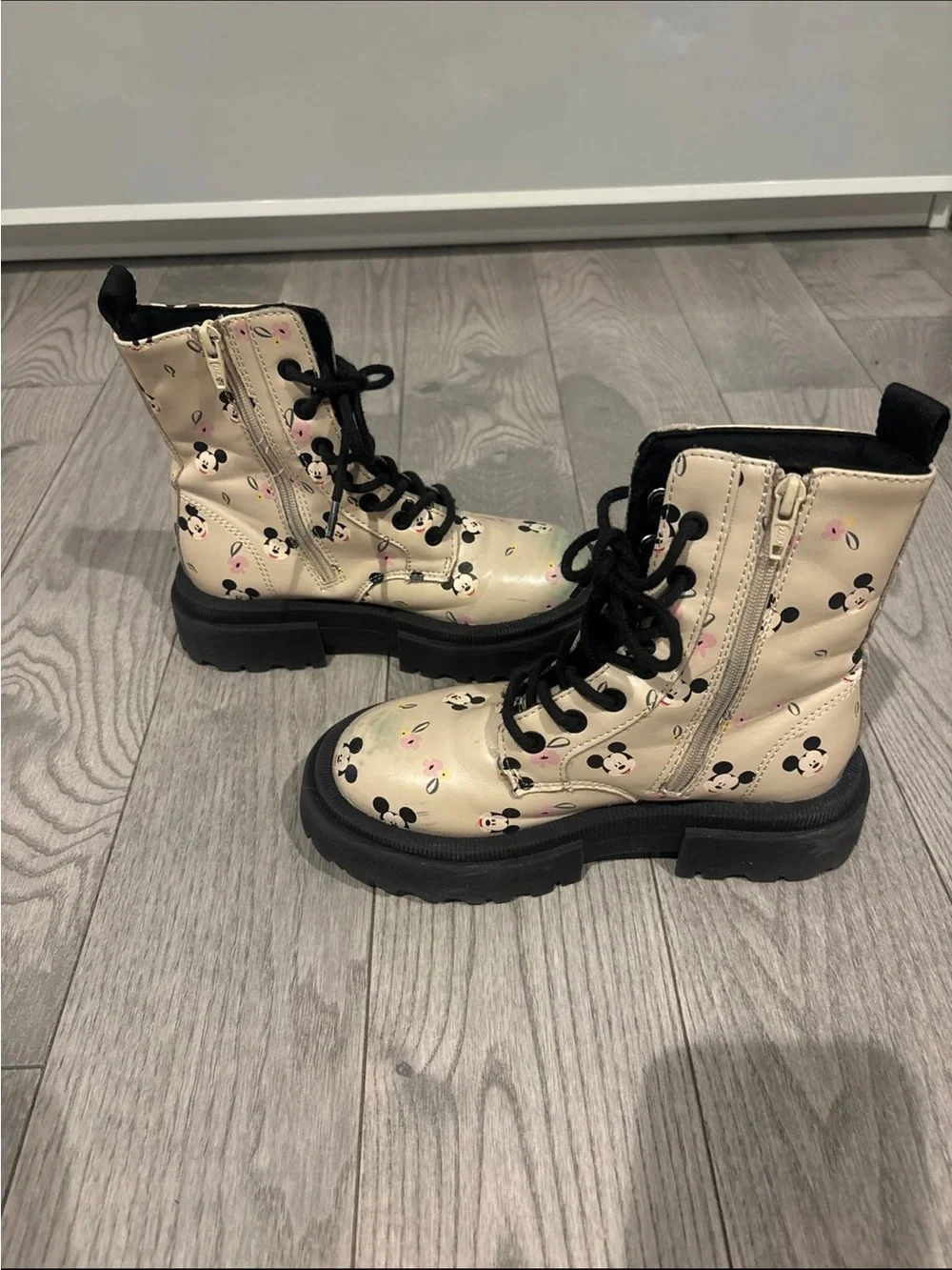 Zara Beige Kids Mickey Print Combat Boots with Black Soles